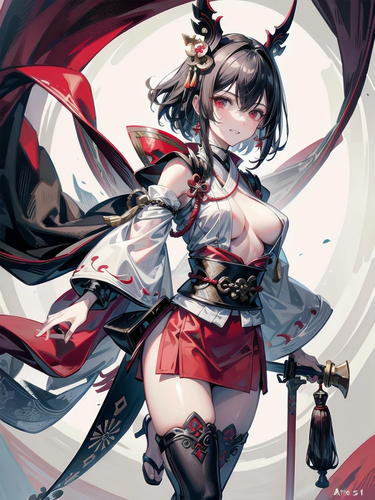 inside temple, red-black costume, holding a sword, Onmyoji, nobushi, Flowing white robe, absurdres, RAW photo, extremely delicate and beautiful, masterpiece, Best Quality, ultra high resolution, 32k, hyperrealistic, ultra-detailed, detailed description, pale skin, 20 years old, tearful mole, earring, Colossal tits, short medium hair, wavy hair, evil grin, full body shot,