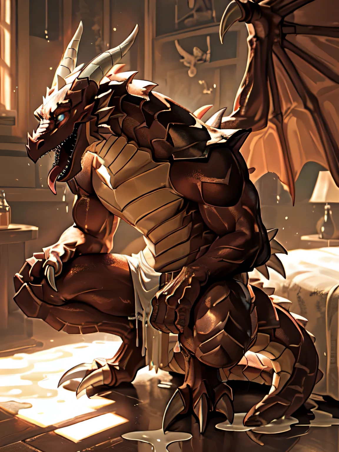lonely, (muscular), (male human dragon):1.3, bright scales, (Kamiaki):1.3, (Common:1.4) (pray):1.23, (,wearing a short white loincloth), exquisite eyes, lizard tail,a pair of dragon horns, a pair of dragon wings, (exquisite eyes,stripe,sharp claws,cute animal feet,Stick out your tongue,sloppy person,Liquid splashed all over the body.,water leak from lower body,Fluid leaking from the lower body,Milk spilled on the floor,shining eyes):1.1, (In my room:1.35), in the bedroom,Squatting on the bed,dim,being licked,enjoy,addicted, My face turned red,color,submit,caress,drunk,laugh,enjoy,looking at camera,submit,It is interesting,detailed background,In reality,realistic hands,8k high dynamic range,(shadow,Wide dynamic range,high dynamic range,highlight:1.2)