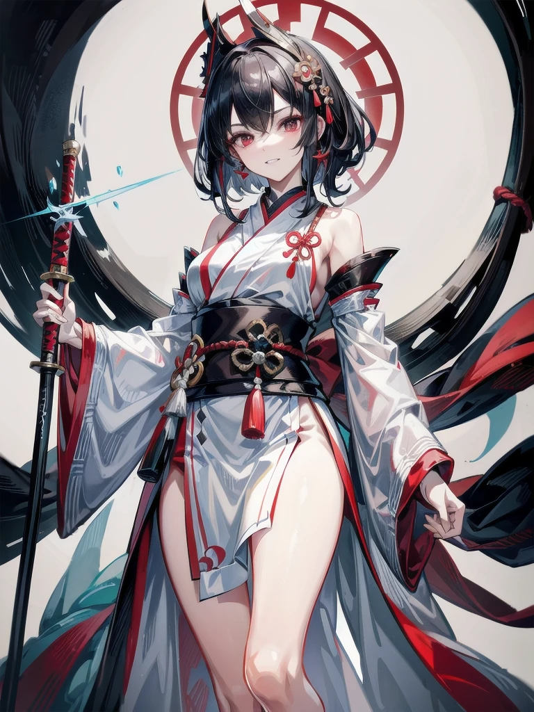 inside shrine, red-black costume, holding a sword, Onmyoji, nobushi, Flowing white robe, absurdres, RAW photo, extremely delicate and beautiful, masterpiece, Best Quality, ultra high resolution, 32k, hyperrealistic, ultra-detailed, detailed description, pale skin, 20 years old, tearful mole, earring, Colossal tits, short medium hair, wavy hair, evil grin, full body shot,