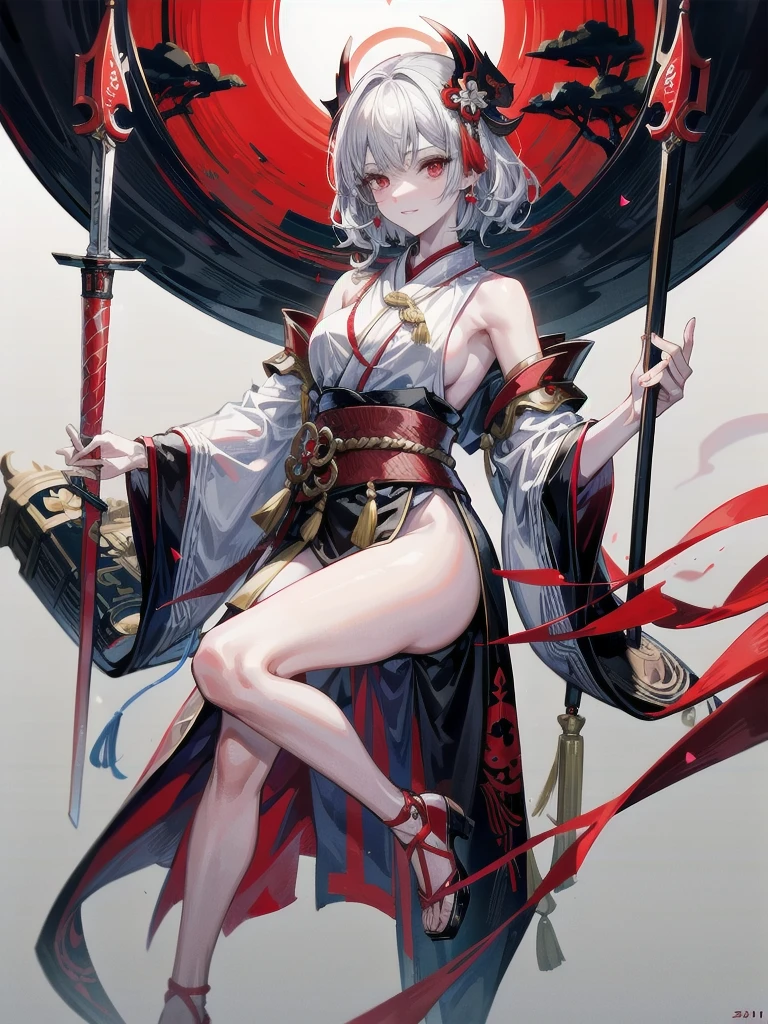 inside shrine, red-black costume, holding a sword, Onmyoji, nobushi, Flowing white robe, absurdres, RAW photo, extremely delicate and beautiful, masterpiece, Best Quality, ultra high resolution, 32k, hyperrealistic, ultra-detailed, detailed description, pale skin, 20 years old, tearful mole, earring, Colossal tits, short medium hair, wavy hair, evil grin, full body shot,