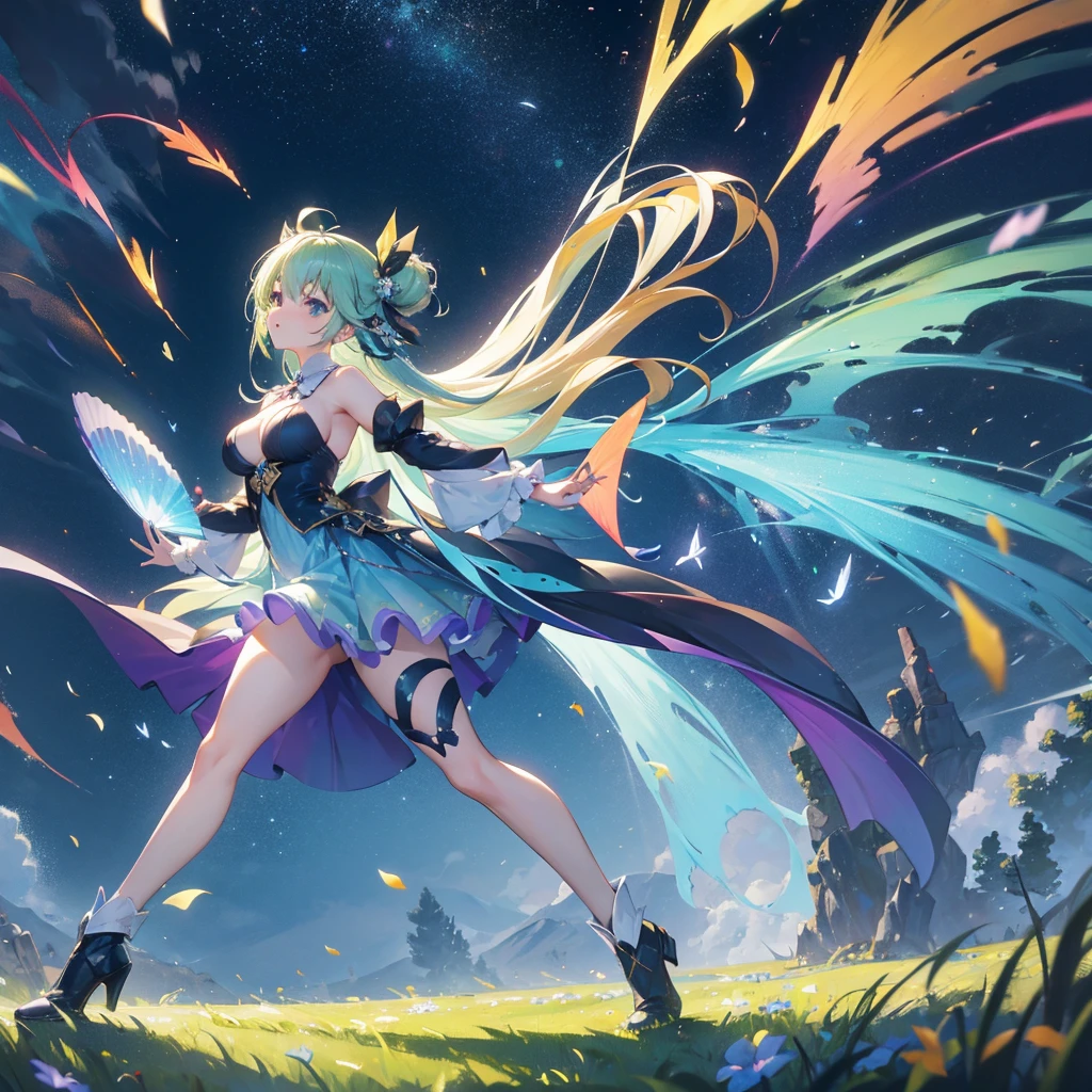 One female、In the grassland、Rainbow dress、Fluttering Skirt、Fluttering Ribbon、Wind and light expressed with particle effects、Swaying Grass、One big tree、side、Full body cut、Masterpiece、Maximum Performance,Fancy candy forest、Fancy candy stars、Sparkle々and shining stars、illumination,Large Breasts、Large Breasts、Full body movement、Cute pose、Dynamic、Dynamic、Dynamic、Generate motion traces with particle effects、night、