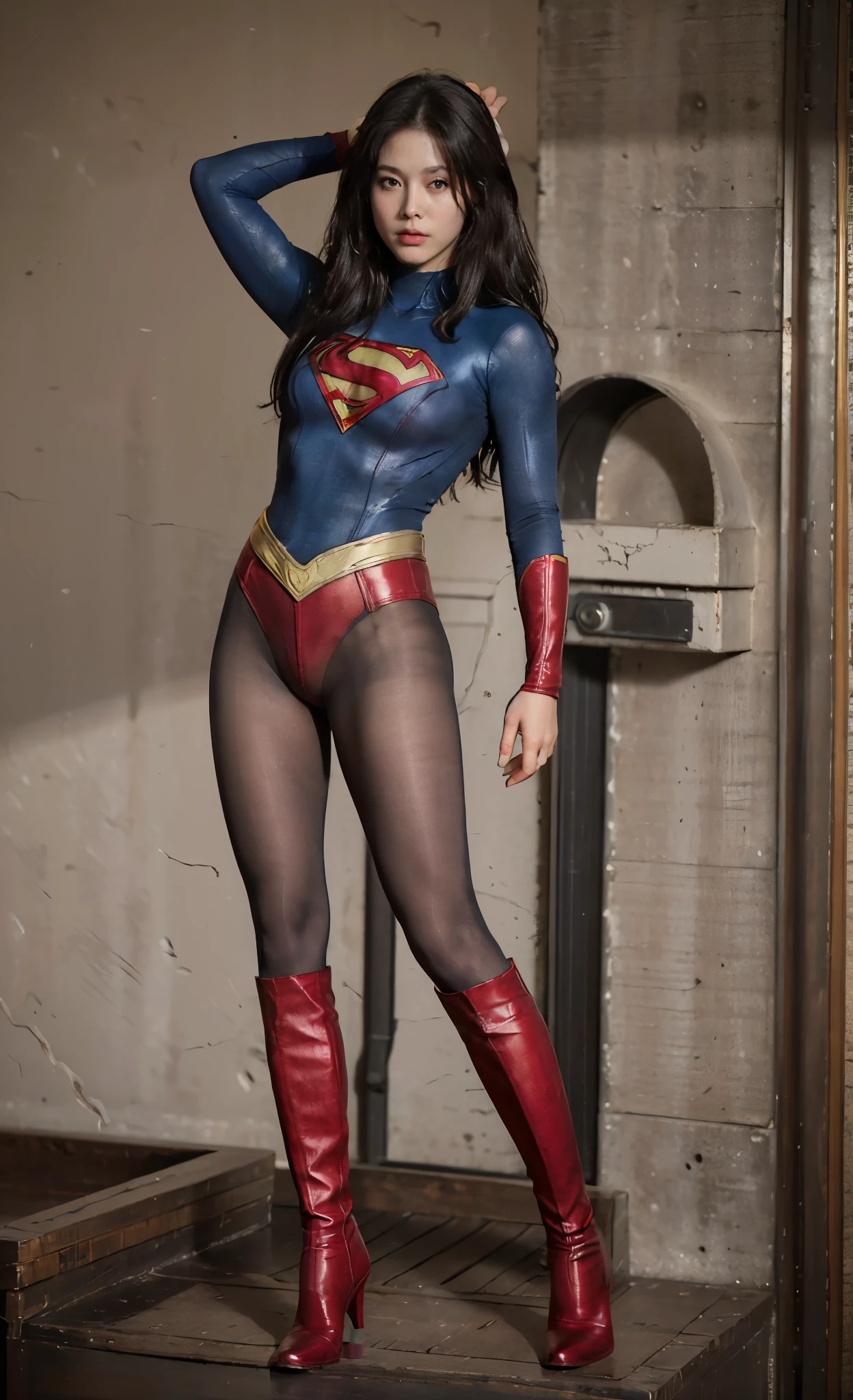 No background、She always has her mouth open、She always looks distressed、Always close your eyes、(((Beautiful legs in black tights.)))、(((Stretch your legs、expensive、Expressing a distressed face)))、((((Make the most of your original images)))、(((Supergirl Costume)))、(((Beautiful hairstyle)))、(((Painful face)))、(((Black tights legs、Wear red boots)))、((Best image quality、8k))、((highest quality、8k、masterpiece:1.3))、(((Preserve background )))、Sharp focus:1.2、Beautiful woman with perfect figure:1.4、Slim Abs:1.2、Wet body:1.5、Highly detailed face and skin texture、8k