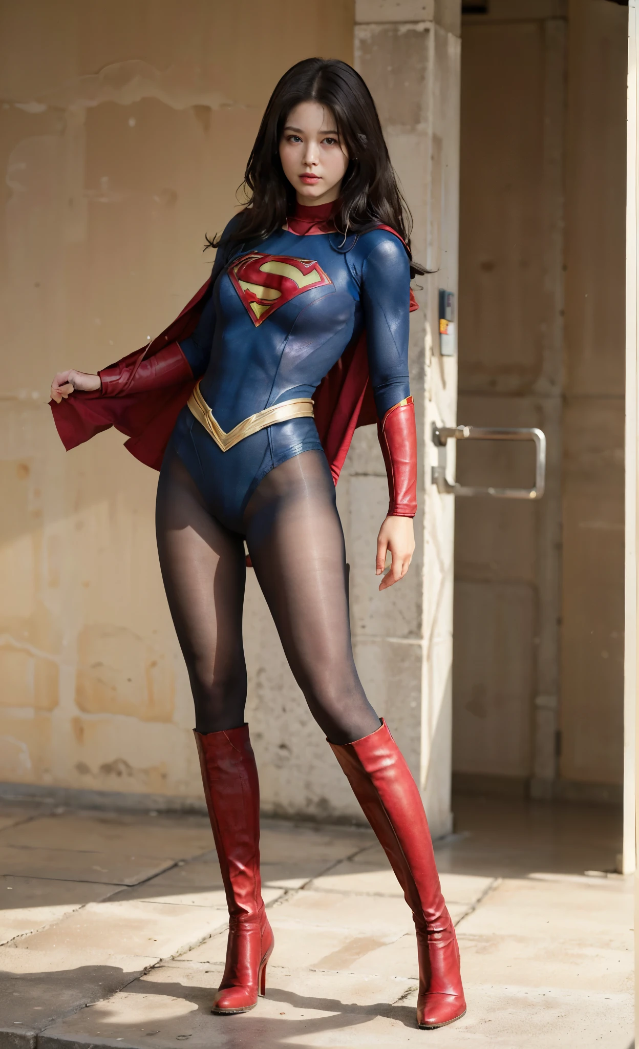 No background、She always has her mouth open、She always looks distressed、Always close your eyes、(((Beautiful legs in black tights.)))、(((Stretch your legs、expensive、Expressing a distressed face)))、((((Make the most of your original images)))、(((Supergirl Costume)))、(((Beautiful hairstyle)))、(((Painful face)))、(((Black tights legs、Wear red boots)))、((Best image quality、8k))、((highest quality、8k、masterpiece:1.3))、(((Preserve background )))、Sharp focus:1.2、Beautiful woman with perfect figure:1.4、Slim Abs:1.2、Wet body:1.5、Highly detailed face and skin texture、8k