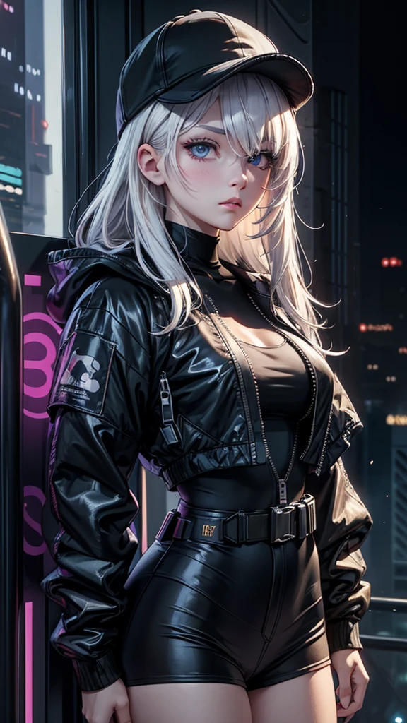 masterpiece, best quality, 4k, UHD, mishoujo, beautiful eyes and detailed face, illustration, beautiful detailed, high resolution illustration, glowing_white_particles, 1girl, white hair, light purple eye, hair over one eye, short side tail, baseball cap, expressionless, window shade, black jacket, black crop shirt, chest rig, cyberpunk, techwear, (Impressionism:1.4), mid body portrait, cyberpunk city background, looking serious, leaning on wall, facing viewers