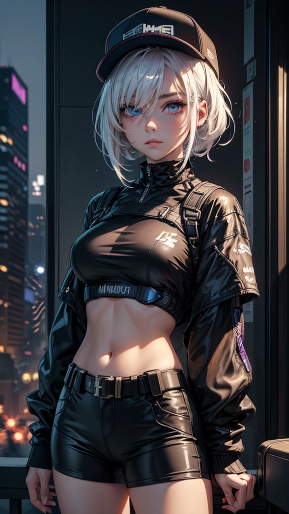 masterpiece, best quality, 4k, UHD, mishoujo, beautiful eyes and detailed face, illustration, beautiful detailed, high resolution illustration, glowing_white_particles, 1girl, white hair, light purple eye, hair over one eye, short side tail, baseball cap, expressionless, window shade, black jacket, black crop shirt, chest rig, cyberpunk, techwear, (Impressionism:1.4), mid body portrait, cyberpunk city background, looking serious, holding a bag in her arms