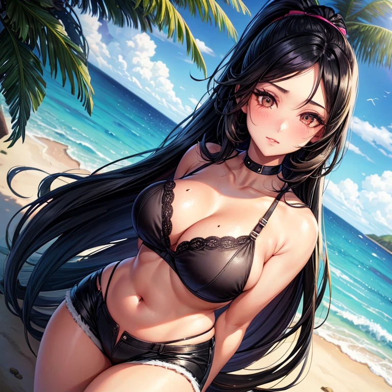 Frankie, solo, 1girl, Caucasian woman, late 30s, very long straight black hair, high ponytail at back, overweight, chubby, very large heavy breasts, fake tan, heavy eye shadow, mascara, eye contact, comfort bra, small lycra shorts, sunbathing