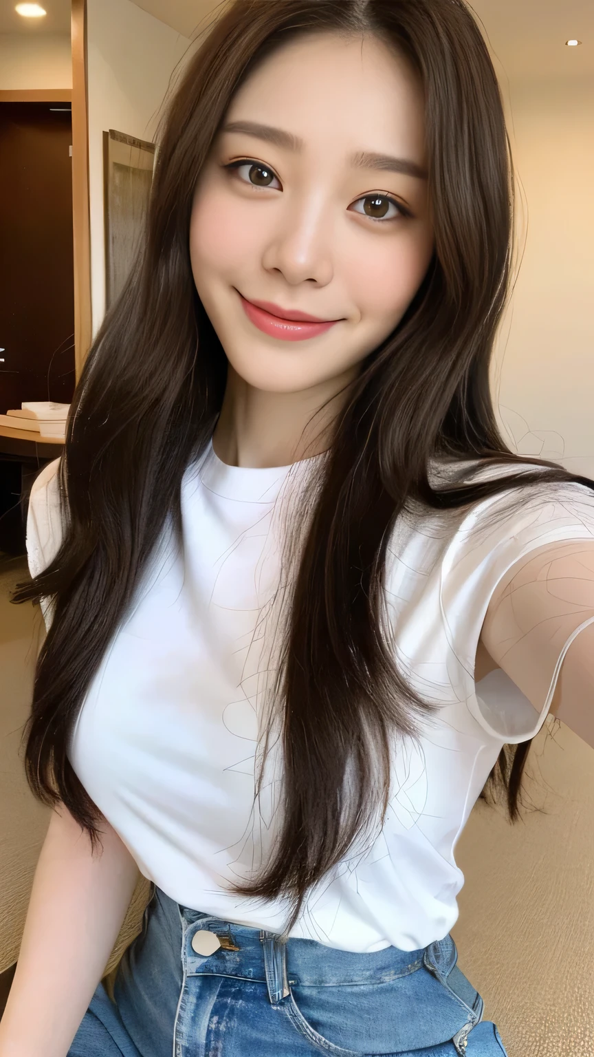 Full body angle、((highest quality, 8K, masterpiece:1.3)), concentrated:1.2, Perfect body beauty:1.4, Hips:1.2, ((Delicate Hair)), (Colorful cross neck slim fit t-shirt for women、 :1.1) , ((highest quality、8K、masterpiece:1.3))、1 Girl、A sloppy smile、Esbian all over、Slim face、Big 、Beautiful woman、(Dark Brown Hair)、Long Hair、1.1、Flickering Valley、Detailed eyes、double eyelid、Blurred Background、超Slim face、Smile、Looking down、