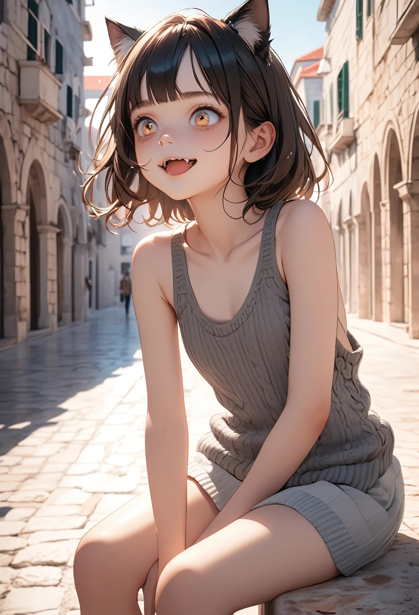 ((Masterpiece)), ((best quality)), (very aesthetic:1.2), (absurdres:1.3), (super detail:1.2), ((High Definition:1.3), (Professional Photography:1.4), (()), 8K, Glossy skin, cinematic lighting, 1girl, (Knit fabric tanktop), (Cute innocent teenage girldar body, small breast, glossy medium hair, (loose blunt bangs), ((bags under the eyes)), open mouth wide, fang out, (smug), beautiful collarbones, (slightly exposed shoulders), (put on cat ears), pale brown hair, Hair that flutters in the wind, BREAK, ((best quality)), (Sitting on Dubrovnik townscape in Croatia), summerday, (very aesthetic:1.2), (absurdres:1.3),