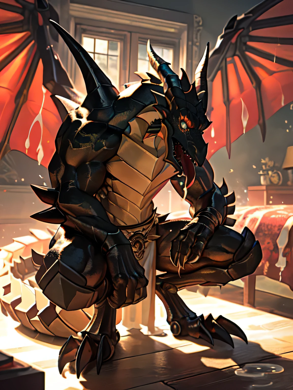 lonely, (muscular), (male human dragon):1.3, bright scales, (Kamiaki):1.3, (Common:1.4) (pray):1.23, (,wearing a short white loincloth), exquisite eyes, lizard tail,a pair of dragon horns, a pair of dragon wings, (exquisite eyes,stripe,sharp claws,cute animal feet,Stick out your tongue,sloppy person,Liquid splashed all over the body.,water leak from lower body,Fluid leaking from the lower body,Milk spilled on the floor,shining eyes):1.1, (In my room:1.35), in the bedroom,Squatting on the bed,dim,being licked,enjoy,addicted, My face turned red,color,submit,caress,drunk,laugh,enjoy,looking at camera,submit,It is interesting,detailed background,In reality,realistic hands,8k high dynamic range,(shadow,Wide dynamic range,high dynamic range,highlight:1.2)
