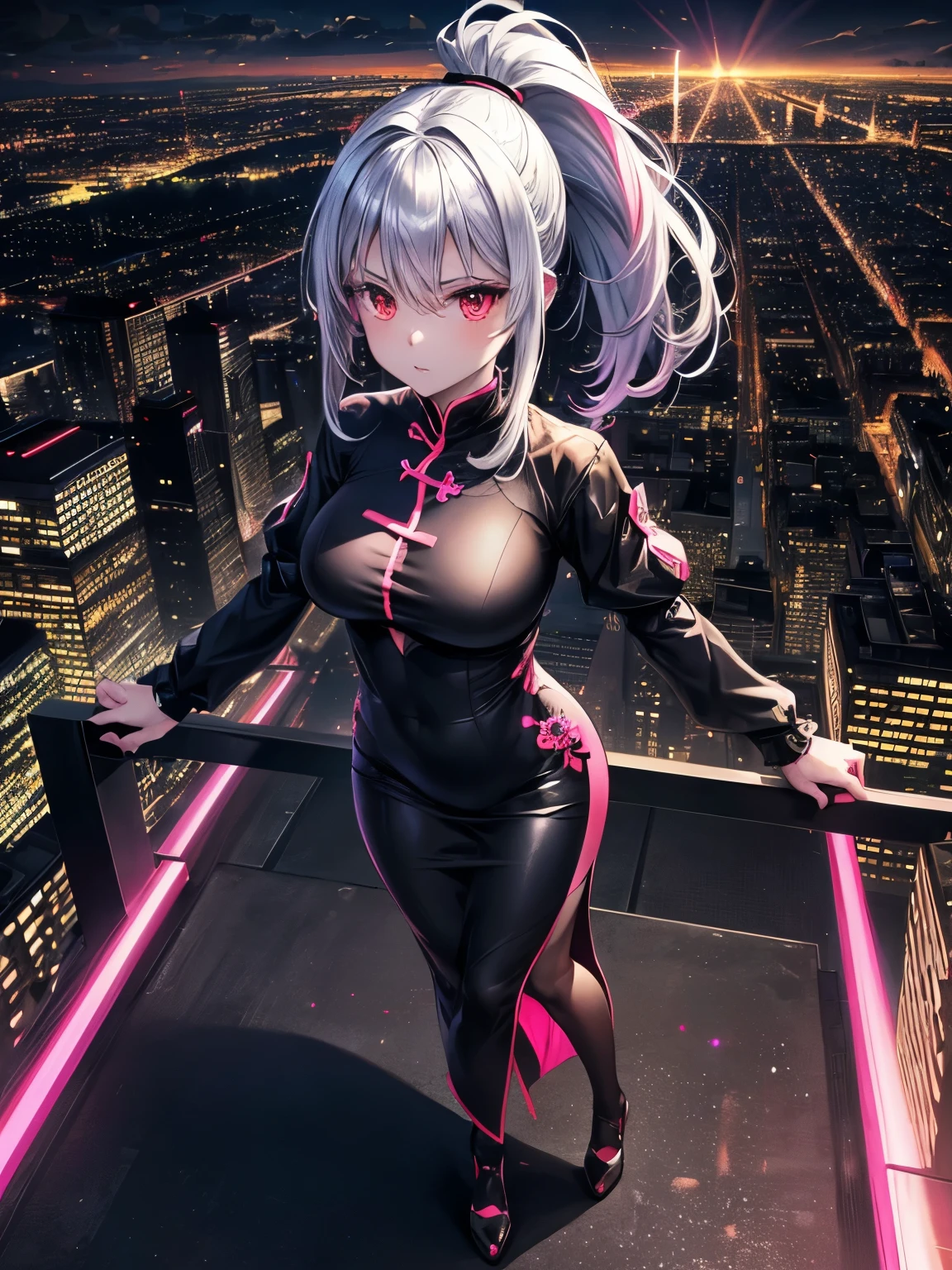 anime, (artwork, best quality, ultra-detailed, high contrast), 1 woman (Alone, full body, plus size body, standing on the edge of the skyscraper, silver hair, LONG In a ponytail, red eyes, perfect eyes ruby sparkles, (simple black qipao, black cybernetics with neon pink), transparent black socks), (skyscraper roof, overlooking a city, detailed background ((night time, Darkness, low light pollution)))