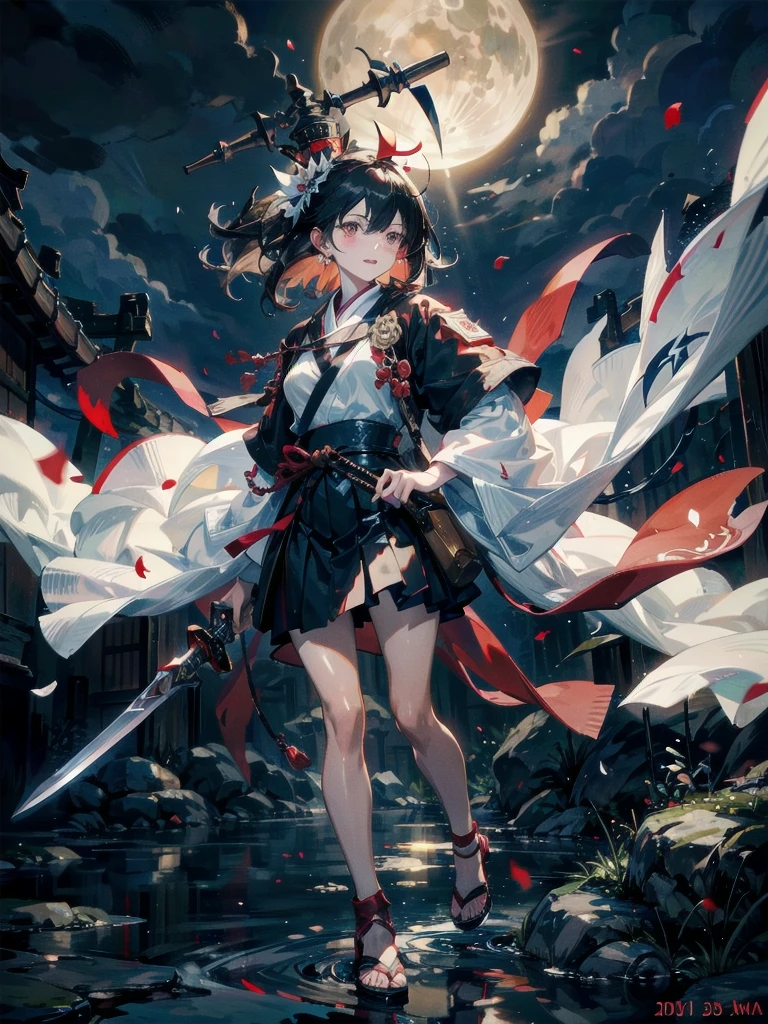 inside shrine, red-black costume, holding a sword, Onmyoji, nobushi, Flowing white robe, absurdres, RAW photo, extremely delicate and beautiful, masterpiece, Best Quality, ultra high resolution, 32k, hyperrealistic, ultra-detailed, detailed description, pale skin, 20 years old, tearful mole, earring, Colossal tits, short medium hair, wavy hair, evil grin, full body shot,