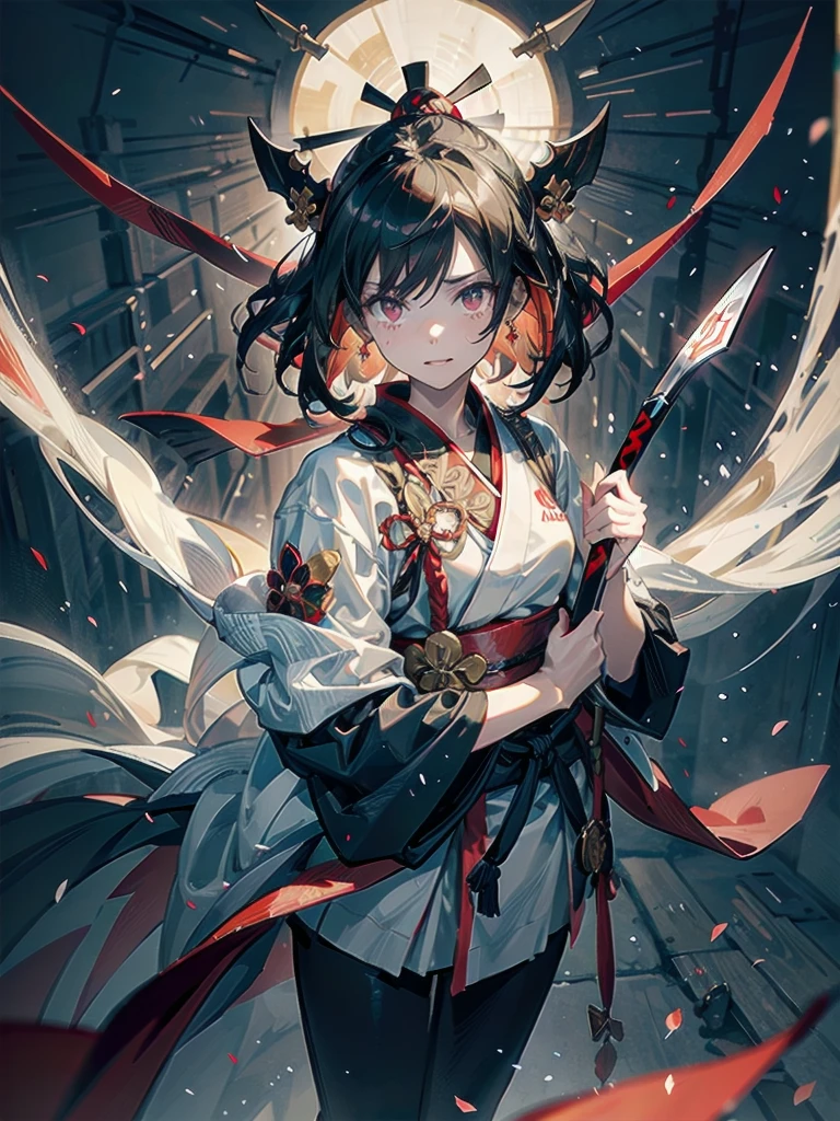 inside shrine, red-black costume, holding a sword, Onmyoji, nobushi, Flowing white robe, absurdres, RAW photo, extremely delicate and beautiful, masterpiece, Best Quality, ultra high resolution, 32k, hyperrealistic, ultra-detailed, detailed description, pale skin, 20 years old, tearful mole, earring, Colossal tits, short medium hair, wavy hair, evil grin, full body shot,