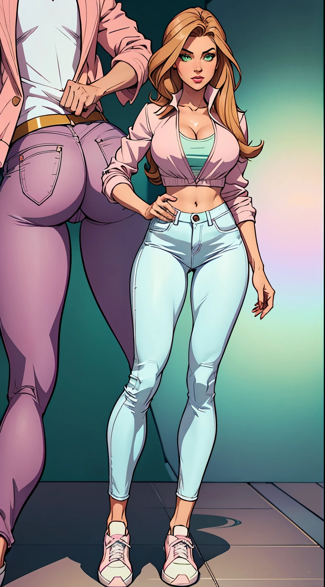 Only one girl, high stature, she have long hair light chestnut tone, big and almond eyes, intense green eyes, slender and elegant figure, wear jeans, a pastel blouse with a pastel colored and a bump jacket, he combined his attire with white sneakers, busty, booty. Comic style, marvel style