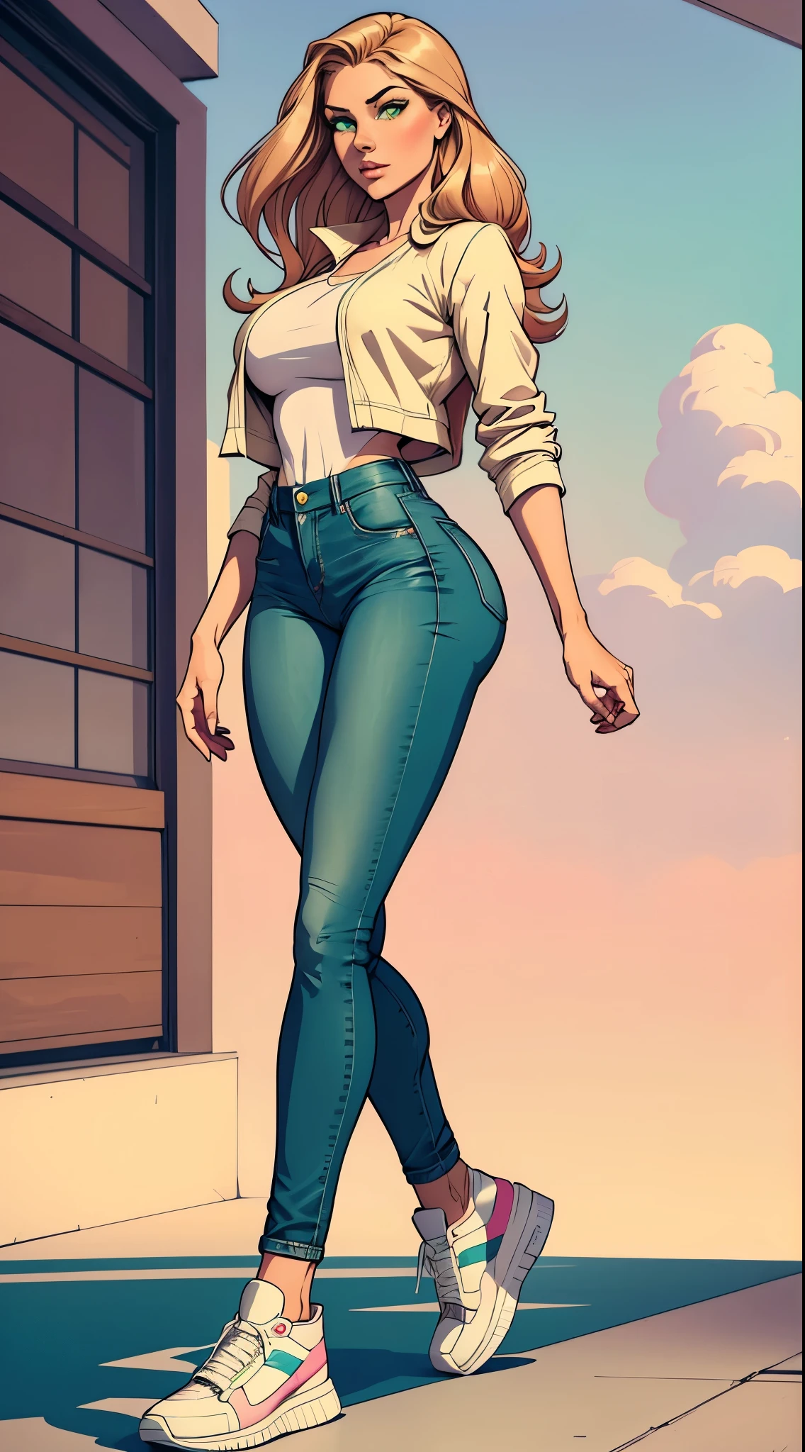 Only one girl, high stature, she have long hair light chestnut tone, big and almond eyes, intense green eyes, slender and elegant figure, she wear jeans, a pastel blouse with a pastel colored and a bump jacket, he combined his attire with white sneakers, busty, booty. Comic style, marvel style