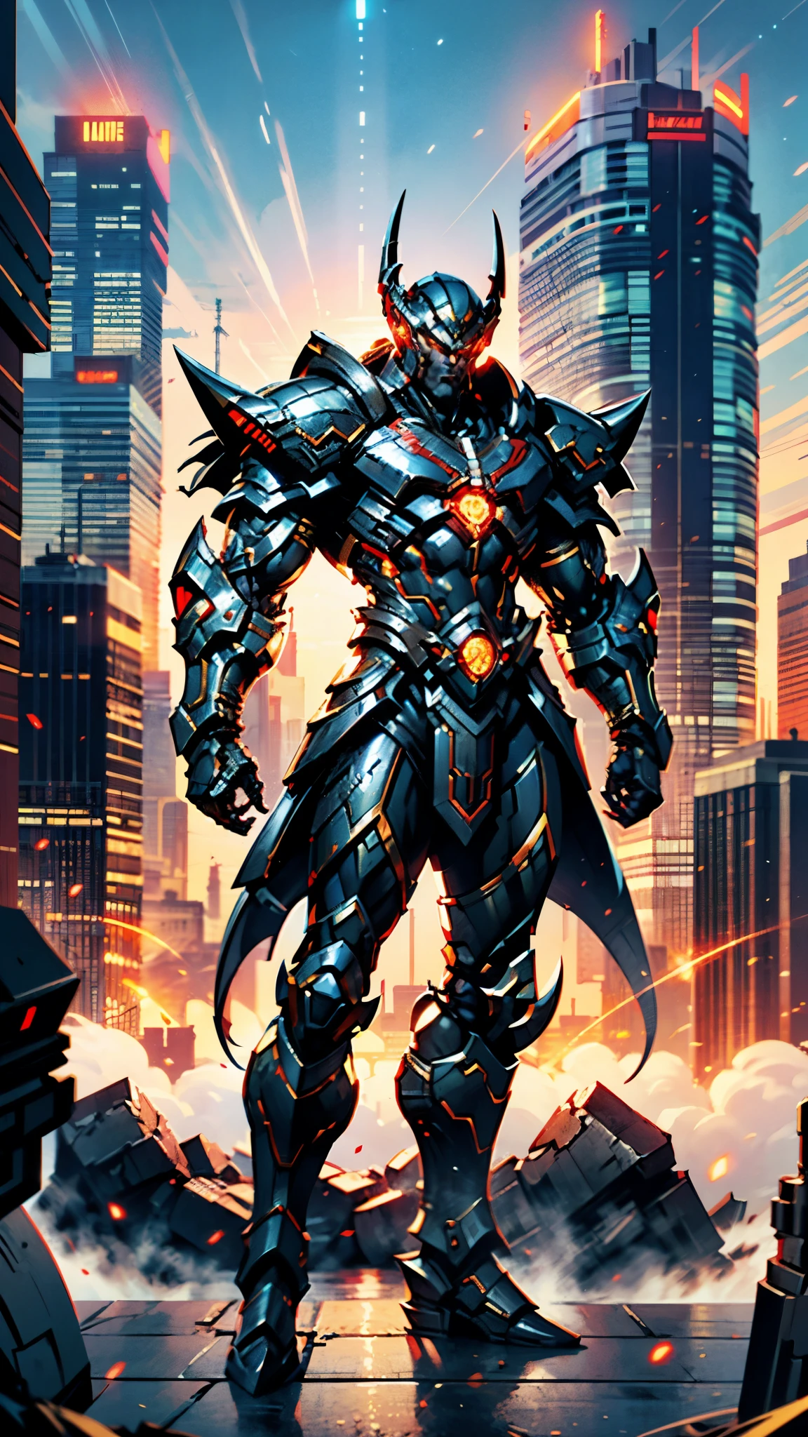 A man wearing a full-face helmet, a fantasy-style biotech armored combat suit, green eyes, (a composite layered chest armor), fully enclosed shoulder guards, matching arm and leg guards, the belt is adorned with dragon claw grasping orbs, (primarily black with red accents), the design balances heavy with agility, a high-tech bio-mecha armor, (Dynastinae concept Armor, stand on the top of a skyscraper in a futuristic sci-fi city), this character embodies a finely crafted fantasy-surreal style armored hero in anime style, exquisite and mature manga art style, (element, plasma, energy, the armor glows), ((male:1.5)), metallic, real texture material, dramatic, high definition, best quality, highres, ultra-detailed, ultra-fine painting, extremely delicate, professional, perfect body proportions, golden ratio, anatomically correct, symmetrical face, extremely detailed eyes and face, high quality eyes, creativity, RAW photo, UHD, 32k, Natural light, cinematic lighting, masterpiece-anatomy-perfect, masterpiece:1.5