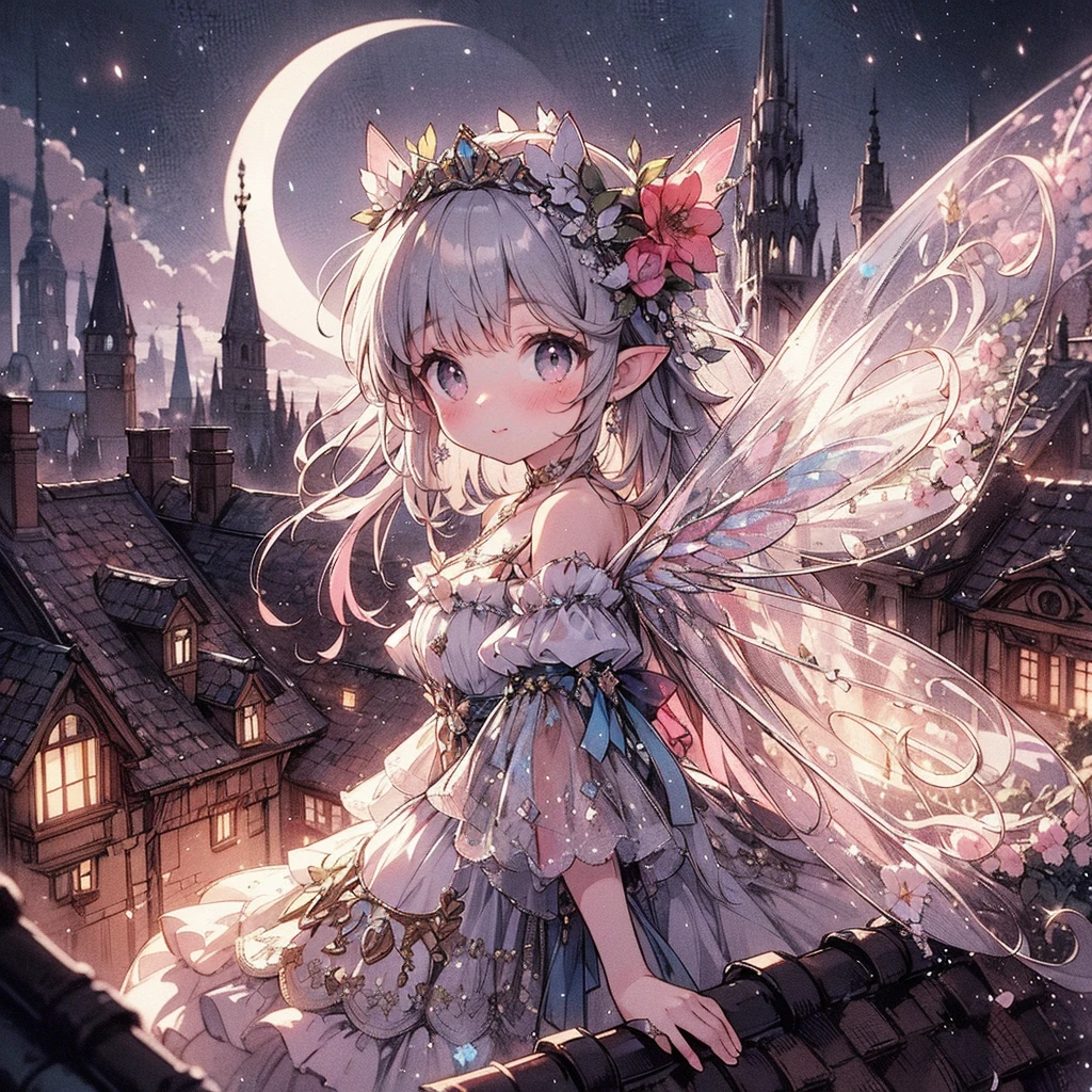 (Exquisite, beautiful, Very detailed, masterpiece, High resolution,high quality,High resolution),(Well-formed face,Soft and thin lines: 1.2, beautiful, Delicate and vivid illustrations with a mature and clear feel) , A beautiful, young fairy princess with butterfly-like wings is floating in the air and flying in the sky of an old European town on a crescent moon night. Looking in the direction of the camera on a beautiful, dark moonlit night. A beautiful, large crescent moon, stars, shooting stars, and shooting stars.,(She has beautiful, clear fairy wings growing from her back and is wearing a tiara, earrings and a choker.), She laughs shyly and shyly.,She is wearing a beautiful black and silver ball gown dress decorated with jewels, ribbons, frills and lace, and has beautiful fairy shoes.,(blushing shyly,She has pointy ears, pale pink cheeks, beautiful medium length silver hair, plump pink lips, fair skin, a large bust, and a nice figure.),Vibrant and striking colors,From a little distance,Dreamy cute atmosphere