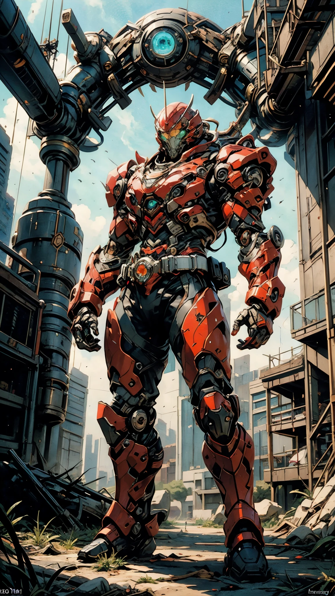 A man wearing a full-face helmet, a fantasy-style biotech armored combat suit, green eyes, (a composite layered chest armor), fully enclosed shoulder guards, matching arm and leg guards, the belt is adorned with dragon claw grasping orbs, (primarily black with red accents), the design balances heavy with agility, a high-tech bio-mecha armor, (Dynastinae concept Armor, stand on the top of a skyscraper in a futuristic sci-fi city), this character embodies a finely crafted fantasy-surreal style armored hero in anime style, exquisite and mature manga art style, (element, plasma, energy, the armor glows), ((male:1.5)), metallic, real texture material, dramatic, high definition, best quality, highres, ultra-detailed, ultra-fine painting, extremely delicate, professional, perfect body proportions, golden ratio, anatomically correct, symmetrical face, extremely detailed eyes and face, high quality eyes, creativity, RAW photo, UHD, 32k, Natural light, cinematic lighting, masterpiece-anatomy-perfect, masterpiece:1.5