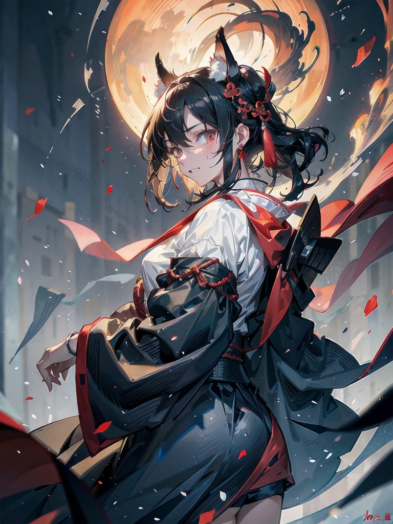 inside shrine, red-black costume, holding a sword, Onmyoji, nobushi, Flowing white robe, Ghost fire, Daoism, Fox Mask, absurdres, RAW photo, extremely delicate and beautiful, masterpiece, Best Quality, ultra high resolution, 32k, hyperrealistic, ultra-detailed, detailed description, pale skin, 20 years old, tearful mole, earring, Colossal tits, short medium hair, wavy hair, evil grin, full body shot,