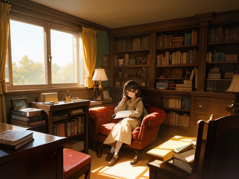 As the sun sets outside the window, the -yeld gicurls up in her cozy study, surrounded by bookshelves filled with her treasured collection. The soft light from her desk lamp illuminates the pages of her book, transporting her to another world.