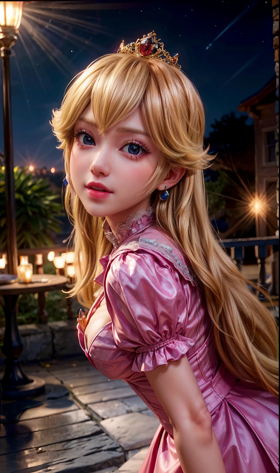 Absurd, One girl,Mid-chest, Star Eye, (Princess Peach), blush, (Realistic:1.5), (blue eyes:0.8), (masterpiece, Extremely detailed CG unity 8k wallpaper, highest quality, High resolution:1.2), (Ultra_detailed, 超High resolution:1.2), (Pixiv:1.3), Perfect lighting, clear, (One girl:1.4), (beautiful girl:1.2), View your viewers, Unreal Engine, Side light, Perfect Face, detailed face, bangs, Perfect body, Beautiful Eyes, Pretty face, (Light Skin:1.4), Idol, Ulzzang-6500-v1.1, city, 