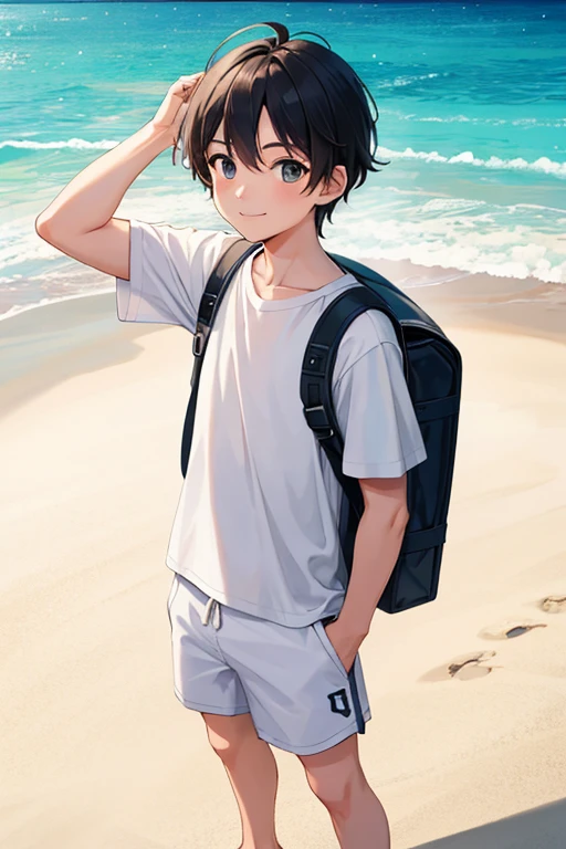 masterpiece, best quality, high resolution, extremely detailed, detailed background, cinematic lighting, 1boy, young man, looking at viewer, beach, white t-shirt, boxer shortpants , smile, wearing  backpack, (backpack:1.0), travel backpack, standing, fullbody, day, sunlight