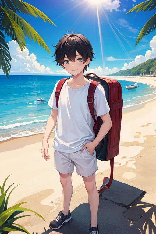 masterpiece, best quality, high resolution, extremely detailed, detailed background, cinematic lighting, 1boy, young man, looking at viewer, beach, white t-shirt, boxer shortpants , smile, wearing  backpack, (backpack:1.0), travel backpack, standing, fullbody, day, sunlight