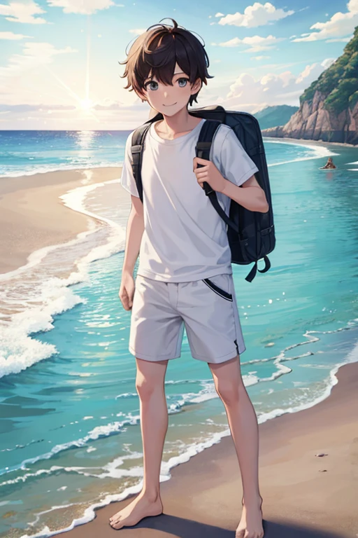 masterpiece, best quality, high resolution, extremely detailed, detailed background, cinematic lighting, 1boy, young man, looking at viewer, beach, white t-shirt, boxer shortpants , smile, wearing  backpack, (backpack:1.0), travel backpack, standing, fullbody, day, sunlight