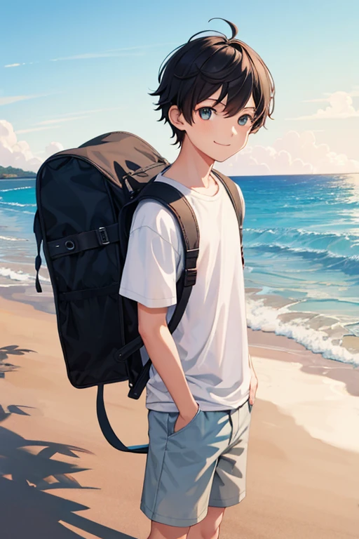 masterpiece, best quality, high resolution, extremely detailed, detailed background, cinematic lighting, 1boy, young man, looking at viewer, beach, white t-shirt, boxer shortpants , smile, wearing  backpack, (backpack:1.0), travel backpack, standing, fullbody, day, sunlight