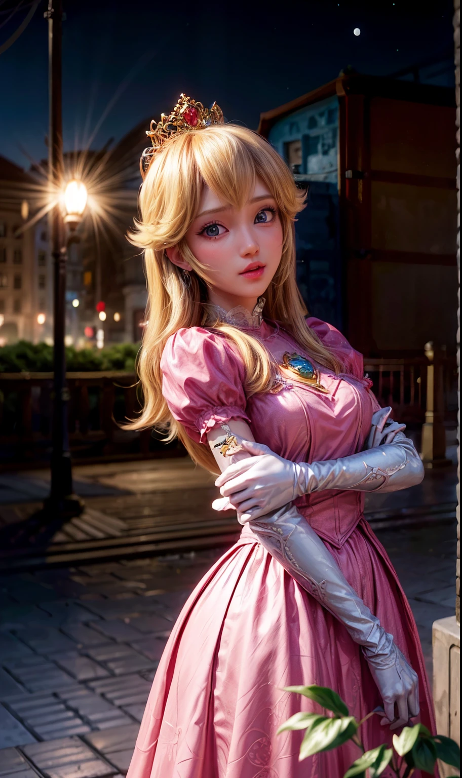 Absurd, One girl,Mid-chest, Star Eye, (Princess Peach), blush, (Realistic:1.5), (blue eyes:0.8), (masterpiece, Extremely detailed CG unity 8k wallpaper, highest quality, High resolution:1.2), (Ultra_detailed, 超High resolution:1.2), (Pixiv:1.3), Perfect lighting, clear, (One girl:1.4), (beautiful girl:1.2), View your viewers, Unreal Engine, Side light, Perfect Face, detailed face, bangs, Perfect body, Beautiful Eyes, Pretty face, (Light Skin:1.4), Idol, Ulzzang-6500-v1.1, city, 