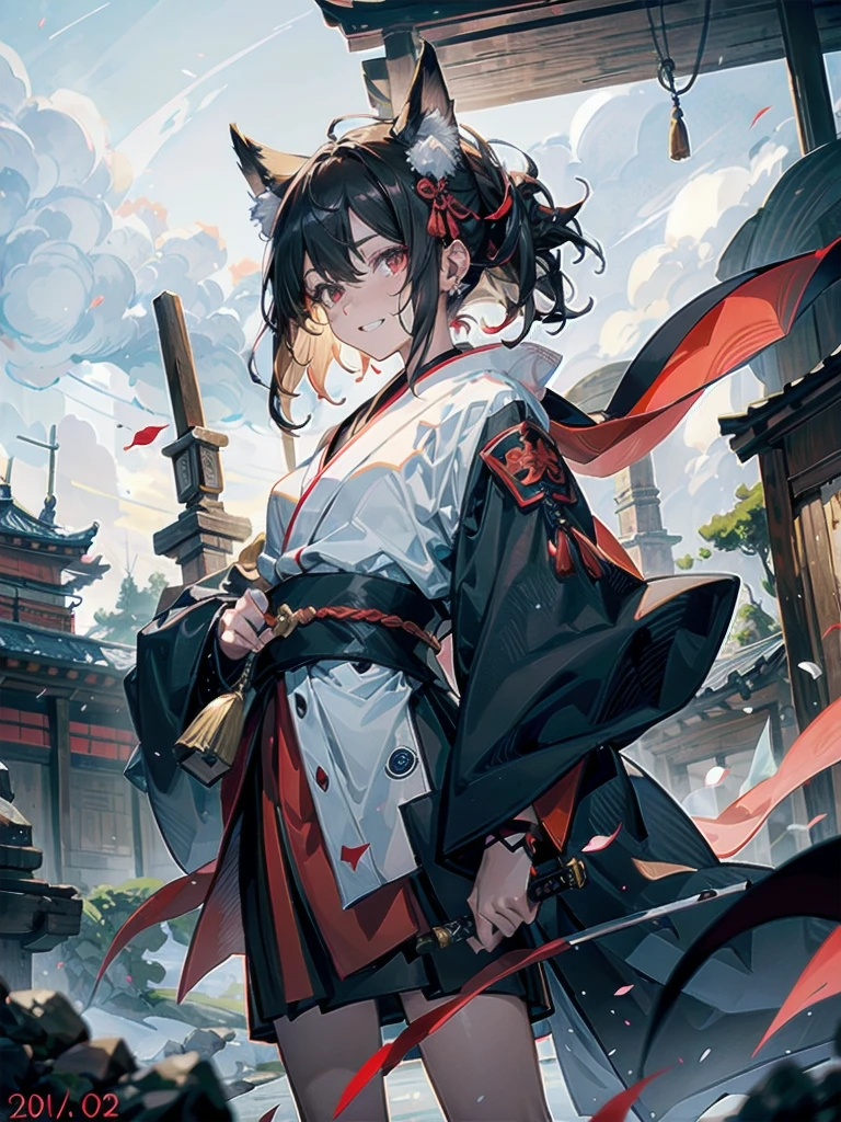(shrine), red-black costume, holding a sword, Onmyoji, nobushi, Flowing white robe, Ghost fire, Daoism, Fox Mask, absurdres, RAW photo, extremely delicate and beautiful, masterpiece, Best Quality, ultra high resolution, 32k, hyperrealistic, ultra-detailed, detailed description, pale skin, 20 years old, tearful mole, earring, Colossal tits, short medium hair, wavy hair, evil grin, full body shot,