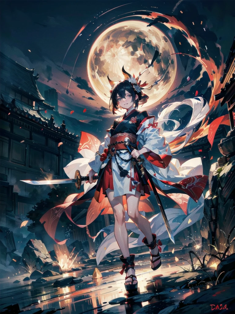 (shrine), red-black costume, holding a sword, Onmyoji, nobushi, Flowing white robe, Ghost fire, Daoism, Fox Mask, absurdres, RAW photo, extremely delicate and beautiful, masterpiece, Best Quality, ultra high resolution, 32k, hyperrealistic, ultra-detailed, detailed description, pale skin, 20 years old, tearful mole, earring, Colossal tits, short medium hair, wavy hair, evil grin, full body shot,
