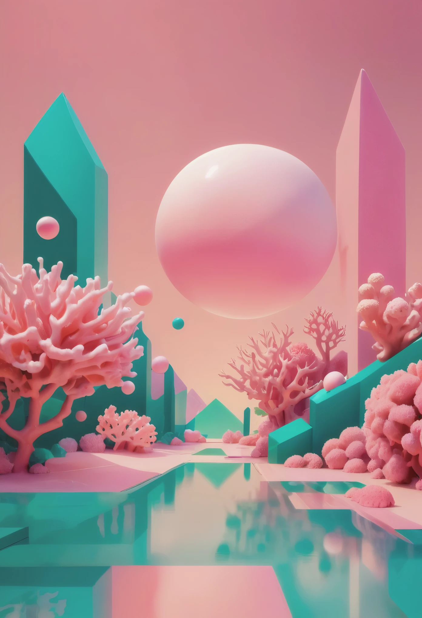 (best quality,4k,8k,highres,masterpiece:1.2),ultra-detailed,(realistic,photorealistic,photo-realistic:1.37), 1940s bubblegum bitch aesthetics, soft pink-hued colors, a beautiful coral reef, (abstract geometric gradients:1.3), geometric shapes, simple background, illustrations, vibrant underwater scene