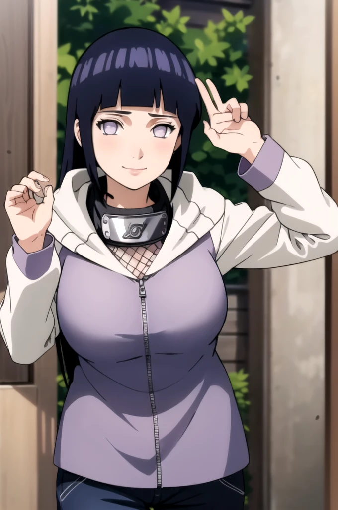 masterpiece, best quality, facing viewer, looking at viewer, 1girl, solo, outdors, garden, sakura trees, standing, seductive smile, hinata\(shippuden\), large breast, solo,hooded jacket, fishnets, headband around neck, blue pants