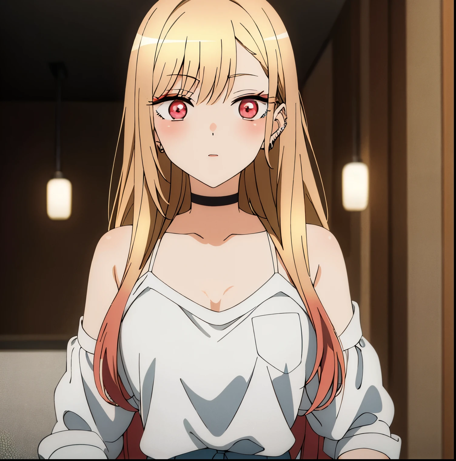 1girl, alone, marin kitagawa,(masterpiece, best quality), beautiful girl, blonde hair, choker, ear piercing, earrings, long hair, piercing, (red eyes:1.5), straight hair, swept bangs, big chest,white top thin straps ,short shorts jeans , medium ,  , Exquisite visuals, high-definition,masterpiece,best quality, looking at viewer,looking at viewer,, perfect hands,perfect anatomy 