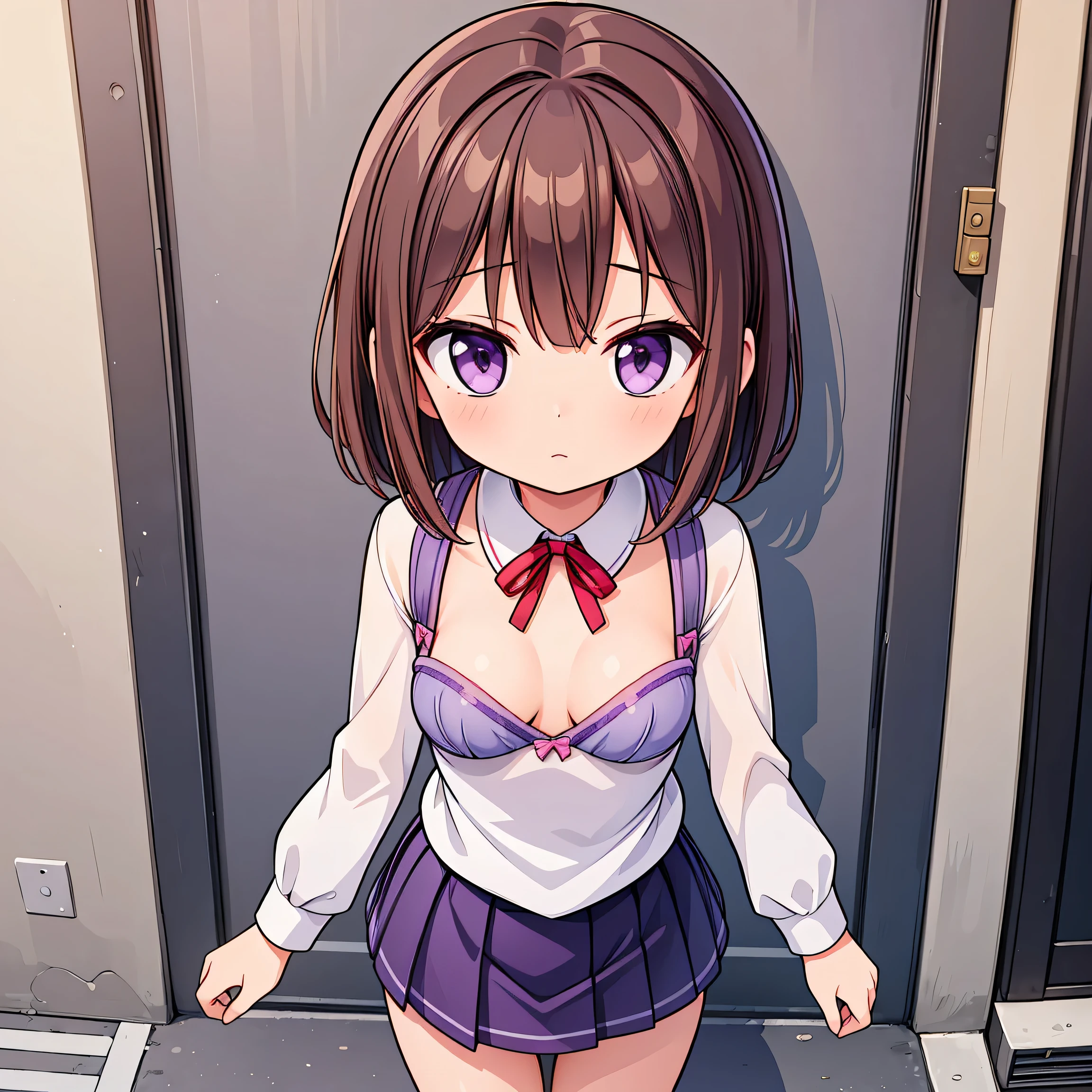 (High quality), (masterpiece), (very detailed), girl, (very flat breasts:1.6), short brown hair, purple eyes, shy face, primary school girl, tight white blouse, (chibi:0.6), showing her thighs, on the street, sunny