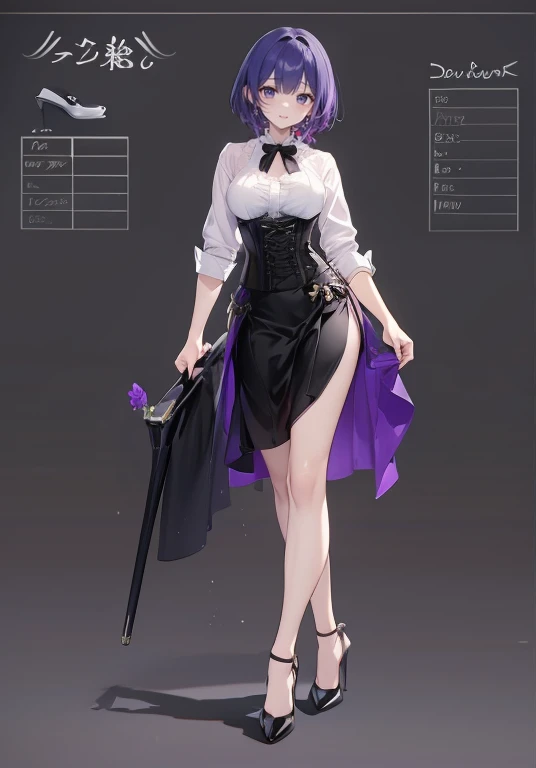 Purple hair,short cut hair,Adult female,(Bartender),((Rolling up your sleeves shirt)),(Corset),(Tight skirt),(high heels),The heel is visible,The heel is visible,((Simple background)),Smile,((Full body)),((whole body)),Character Sheet,