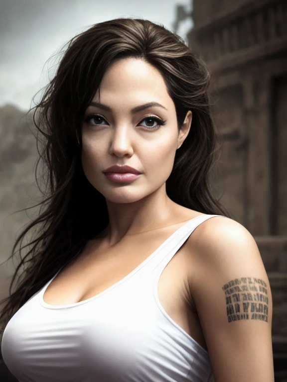 (masterpiece:1.2), (best quality,:1.2), 8k, HDR, ultra detailed, ((photorealistic)), professional light, cinematic lighting, sexy photography, ambient lighting, atmospheric effects, angl, Angelina Jolie as a Lara Croft, upper body shot, wearing tank top, magical temple, (perfect hands), epiCPhoto