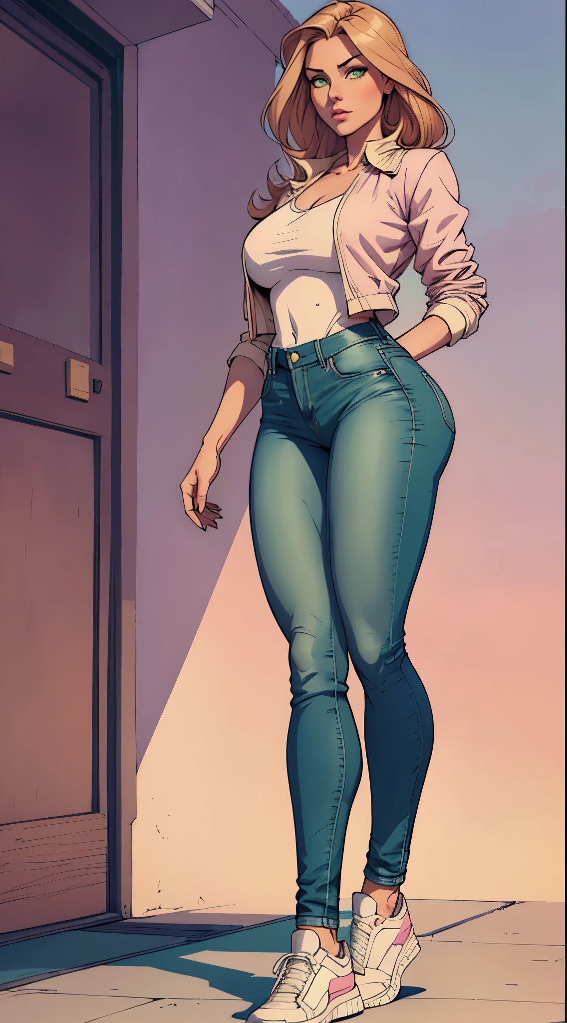 Only one girl, high stature, she have long hair light chestnut tone, big and almond eyes, intense green eyes, slender and elegant figure, she wear jeans, a pastel blouse with a pastel colored and a bump jacket, he combined his attire with white sneakers, busty, booty. Comic style, marvel style
