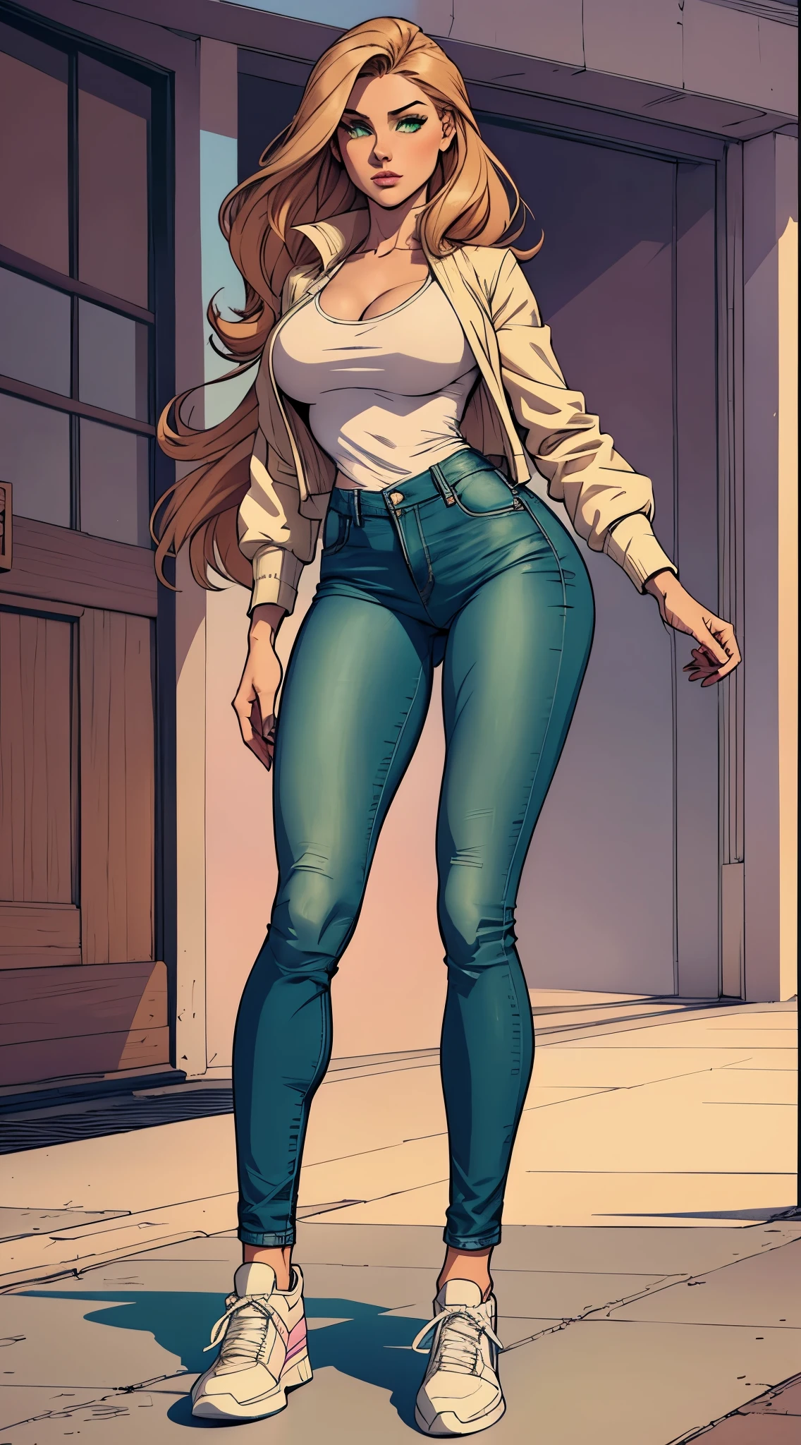 Only one girl, high stature, she have long hair light chestnut tone, big and almond eyes, intense green eyes, slender and elegant figure, she wear jeans, a pastel blouse with a pastel colored and a bump jacket, he combined his attire with white sneakers, busty, booty. Comic style, marvel style