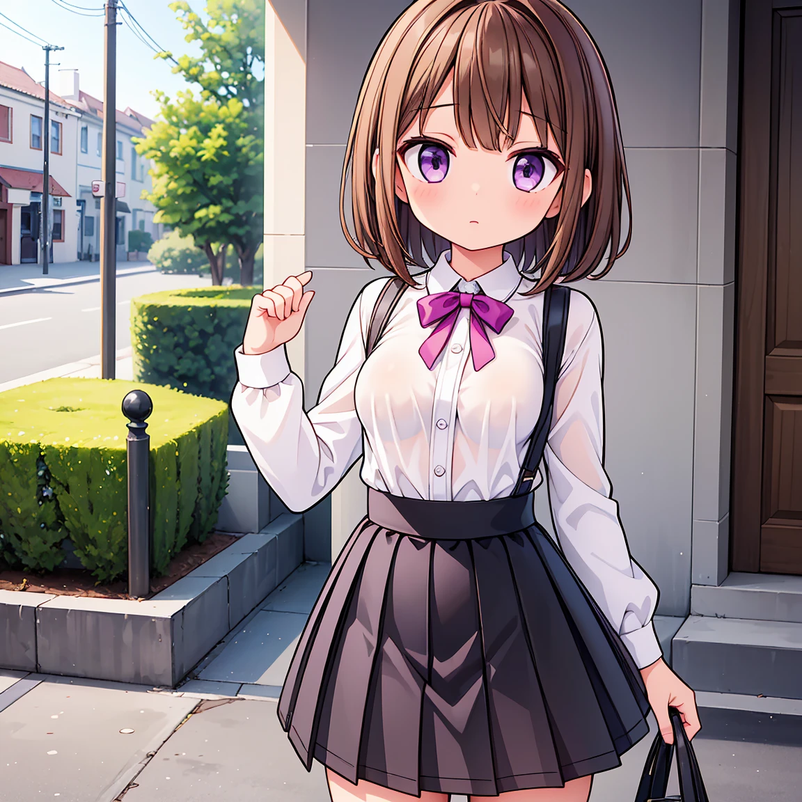 (High quality), (masterpiece), (very detailed), girl, (very flat breasts:1.6), short brown hair, purple eyes, shy face, girl, tight white blouse, black skirt with pleats, (chibi:0.6), showing her thighs, on the street, sunny