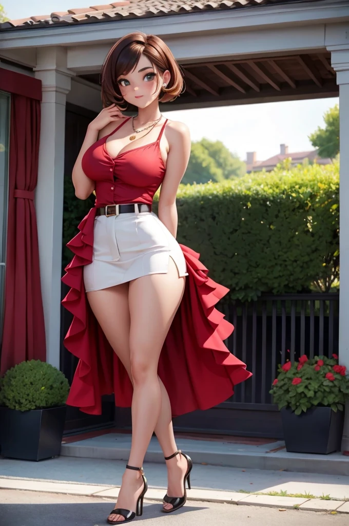 Italian young girl, short chocolate hair, red cutout casual flower dress with a belt and a necklace, pretty shoes. Big , NSFW, big ass, must be a beautiful woman, sexy