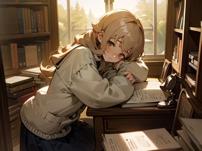 As the sun sets outside the window, the -yeld gicurls up in her cozy study, surrounded by bookshelves filled with her treasured collection. The soft light from her desk lamp illuminates the pages of her book, transporting her to another world.