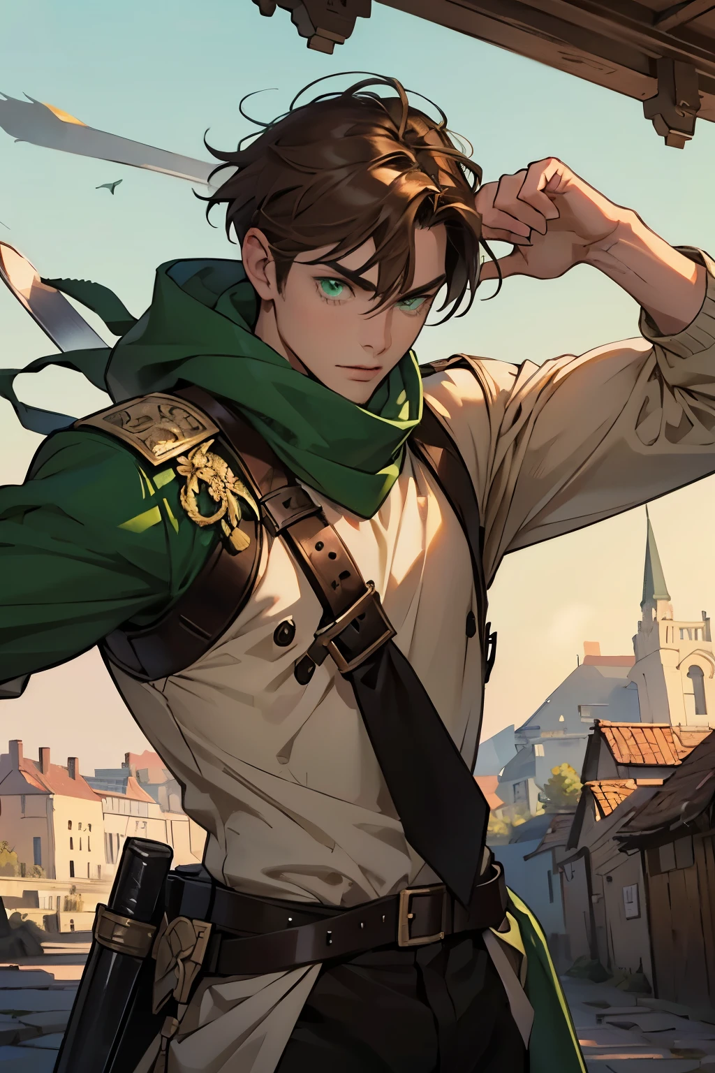 a strong young male with green eyes with brown hair and a mark on his left eye that resembles the number 7 and carries a sword