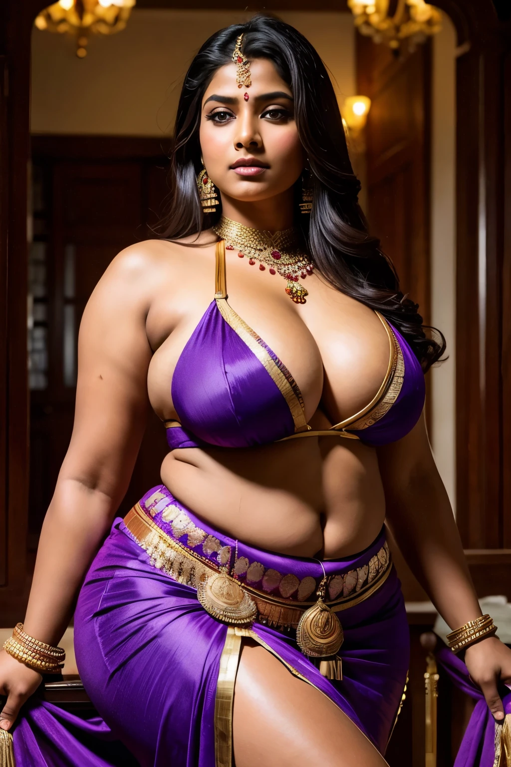Indian women、Huge breasts、Plump body、Traditional Indian costume in purple、Inside a traditional Indian mansion