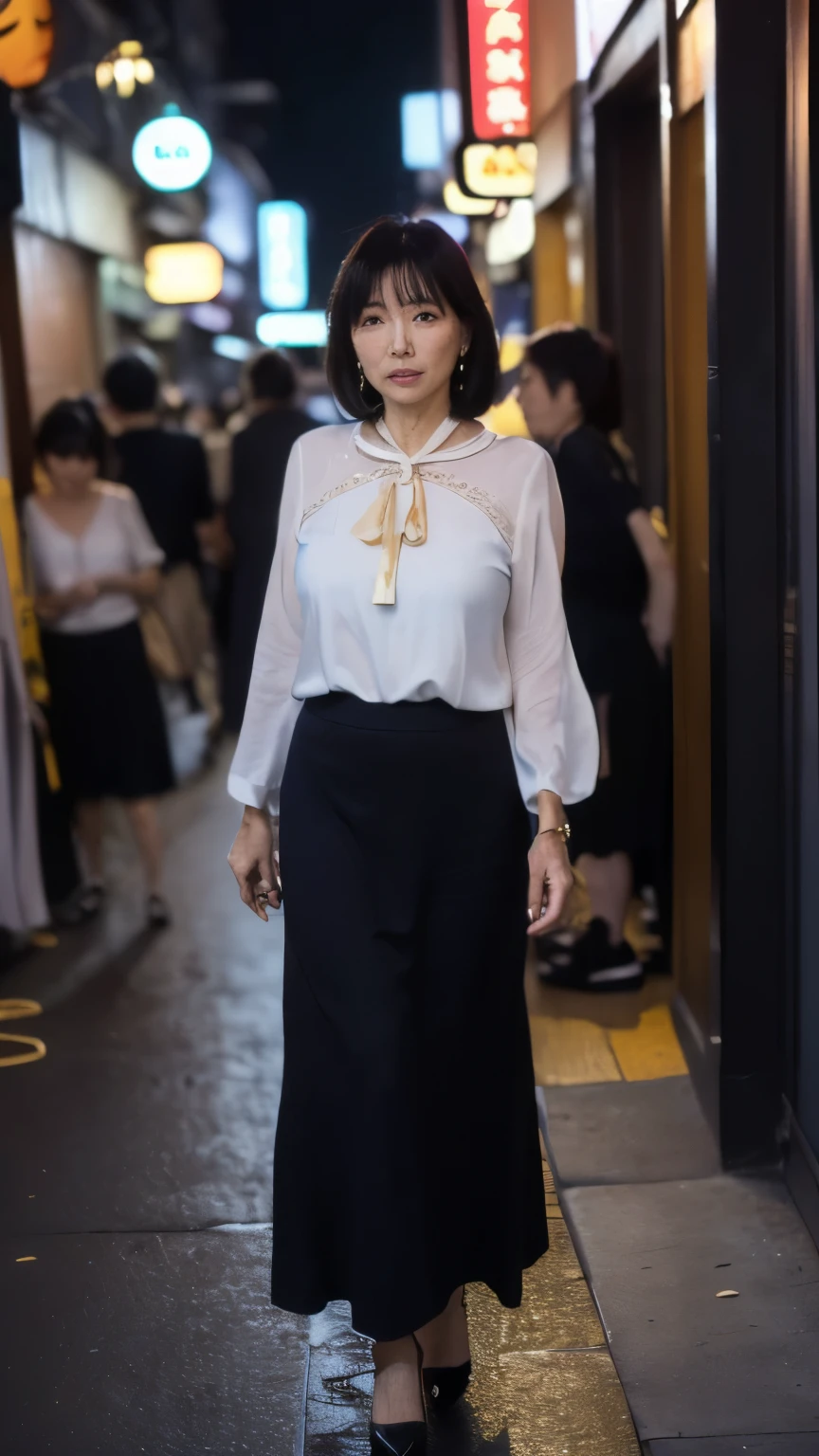 (Beautiful woman, high resolution, wallpaper 8K screen, highest quality, real, ultra-definition, exquisite and perfect dynamic composition, (Japanese mature woman walking in the alley at the end of the street), (Shinjuku Golden Gai at night: 1.4), (Precise background ), (Stylish blouse and long skirt made of soft fabric: 1.4), (60 years old), (Realistic skin texture), (Fine wrinkles on the entire skin: 1.3), (Dull skin: 1.1), (Skin without moisture: 1.2) , (Face wrinkles: 0.9), (Wrinkles at the corners of the eyes: 1.2), Double eyelids, tear bags on the lower eyelid, Serious expression, Straight gaze, (Dimples: 1.2), Dark and beautiful eyes, Look at me Good for short bangs, natural hair movement, high heels, glamorous body, (full body portrait: 1.4),