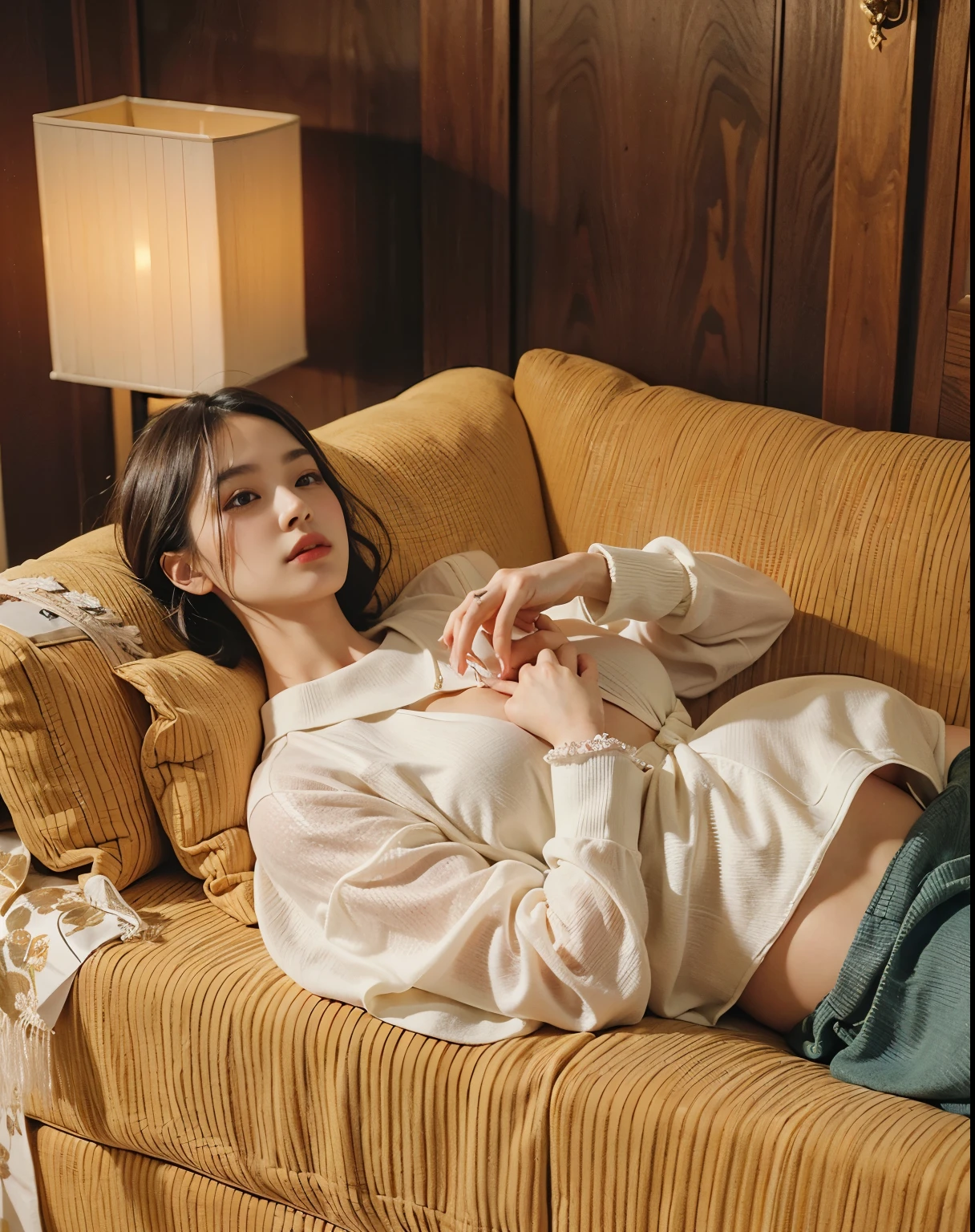 (Best quality, 8k, 32k, Masterpiece, UHD:1.2) "Generate a captivating artwork featuring a young Japanese girl model with short, sleek black hair styled in a chic bob haircut. Envision her bathed in dramatic cinematic lighting, creating an atmosphere of allure and mystery. Emphasize a romantic aesthetic vibe, showcasing the model in a poised and elegant pose that evokes a sense of intimacy and sophistication. Utilize warm and soft tones to enhance the romantic ambiance, and consider incorporating elements like flowing fabrics or flowers to add a touch of ethereal beauty. Capture the essence of romance and beauty through the model's expression, the play of light and shadows, and the overall aesthetic, creating a visually compelling and emotionally resonant piece." (perfect eyes), flawless skin, flawless face, cinematic, tight body, ((well-proportion female hands)), ((female hands with five digits))