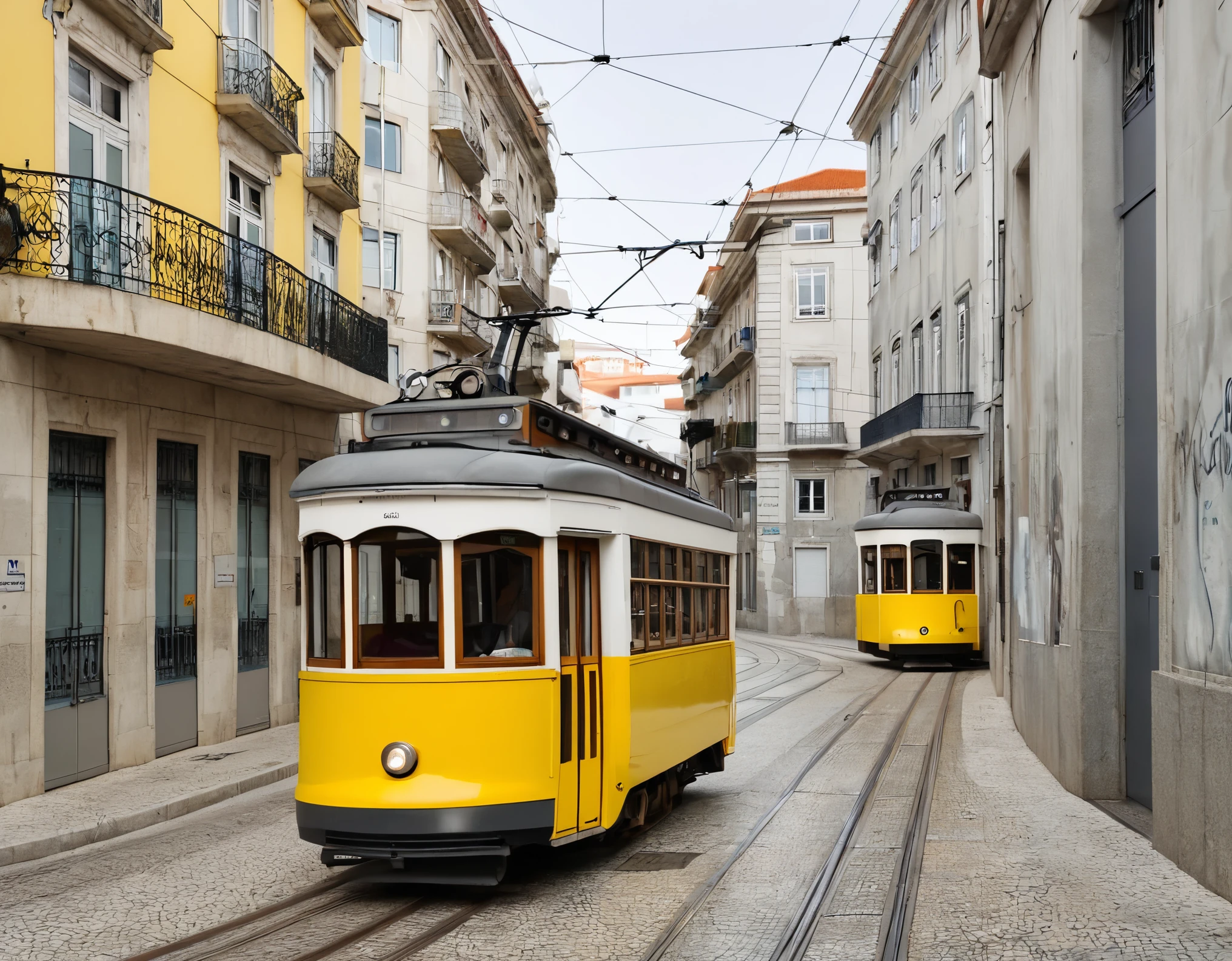 yellow trolley car on the street, tram, trams, street tram, trams ) ) ), lisbon, the city of lisbon, portugal, outside, s line, train, yard, caroline gariba, vallejo, port, tourist photo, by Mathias Kollros, inspired by Almada Negreiros, lightbox, exterior, metro