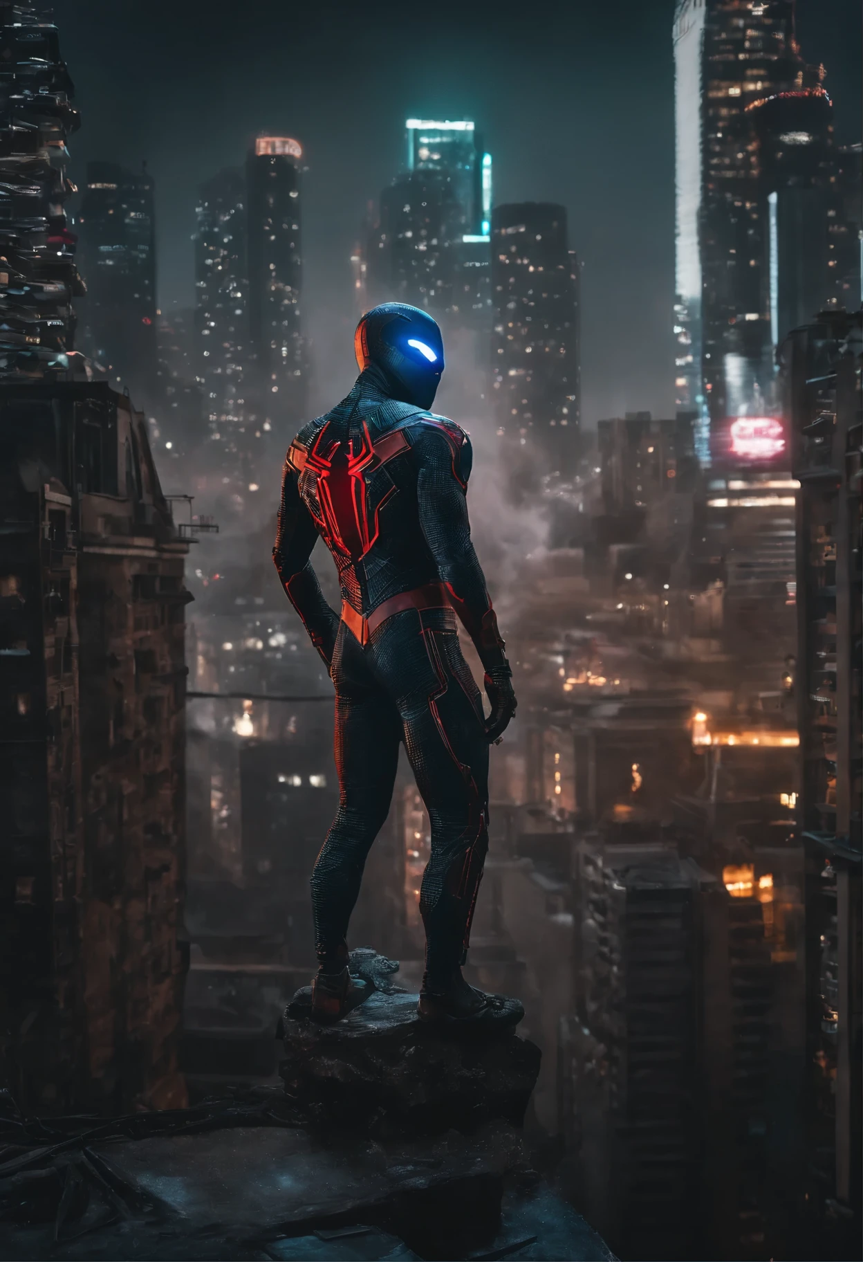 Get ready to witness the merging of the worlds of Spider-Man mixed with green goblin and Cyberpunk in one breathtaking image. Nesta obra-prima visual em 8K, You will be transported to a futuristic and dystopian environment, where the iconic Marvel hero gets a new look. O Homem-Aranha surge em uma paisagem urbana imponente, dominated by gigantic skyscrapers and holographic advertisements that shine brightly. The neon lights reflect off his cybernetic armor, creating a striking contrast between the hero's characteristic red and blue and the oppressive darkness of the environment. Seu traje, remodelado para se adequar ao estilo Cyberpunk, features metallic details and futuristic lines, combining functionality and futuristic aesthetics. The advanced fabric, adornado com circuitos luminosos, it seems to pulsate with electronic energy as Spider-Man prepares to face the challenges of this chaotic world. The surrounding city is full of characteristic elements of the Cyberpunk style, como carros voadores, cyber implan