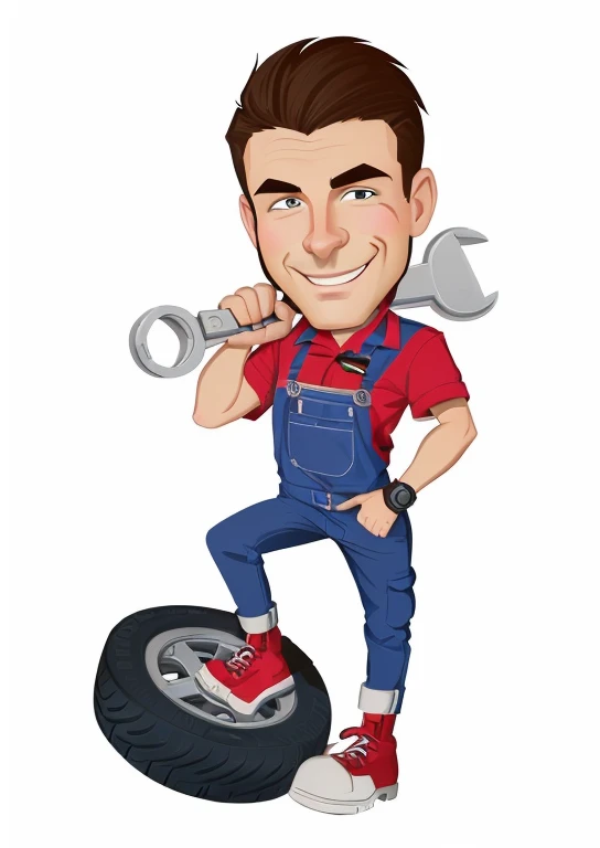 a cartoon man with a wren and a tire, old charismatic mechanic, mechanic, cartoon style, cartoon art style, inspired by Juraj Julije Klović, wielding wrench, full body mascot, caricaturist alarcón, Nikolai, in cartoon style, holding wrench, professional illustration, inspired by Ivan Meštrović, wrench, 4k