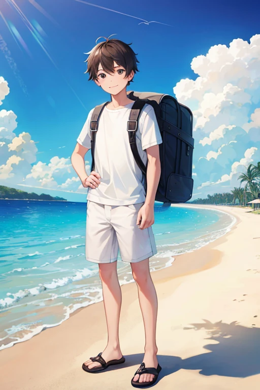 masterpiece, best quality, high resolution, extremely detailed, detailed background, cinematic lighting, 1boy, young man, looking at viewer, beach, white t-shirt, boxer shortpants , smile, wearing  backpack, (backpack:1.0), travel backpack, standing, fullbody, day, sunlight